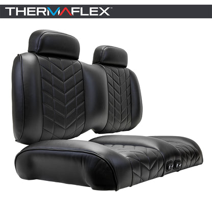 Madjax Aviator Thermaflex golf cart front seat cushion assembly in black color finish, featuring heated and cooled technology, designed for EZGO TXT and RXV models, offered with free shipping, Item #10-646.