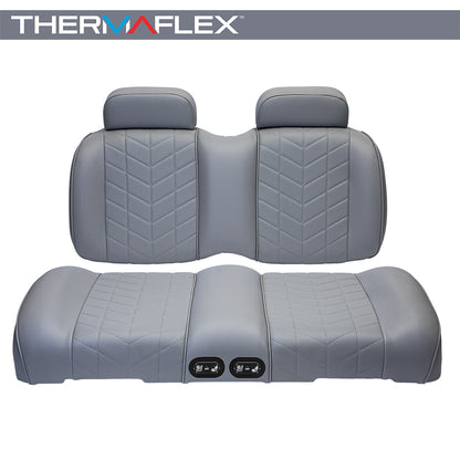 Madjax Aviator Thermaflex golf cart front seat cushion assembly in graphite gray color finish, featuring heated and cooled technology, designed for EZGO TXT and RXV models, offered with free shipping, Item #10-647.