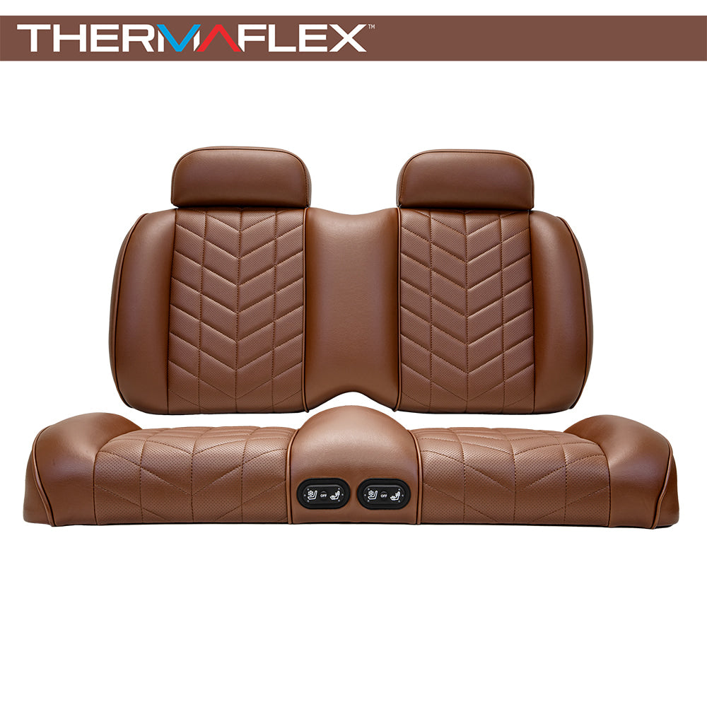 Madjax Aviator Thermaflex golf cart front seat cushion assembly in coffee color finish, featuring heated and cooled technology, designed for EZGO TXT and RXV models, offered with free shipping, Item #10-648.