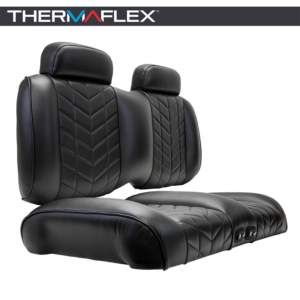 Madjax Aviator Thermaflex golf cart front seat cushion assembly in black color finish, featuring heated and cooled technology, designed for Club Car Precedent, Tempo, and Onward models, gas and electric, offered with free shipping, Item #10-649.