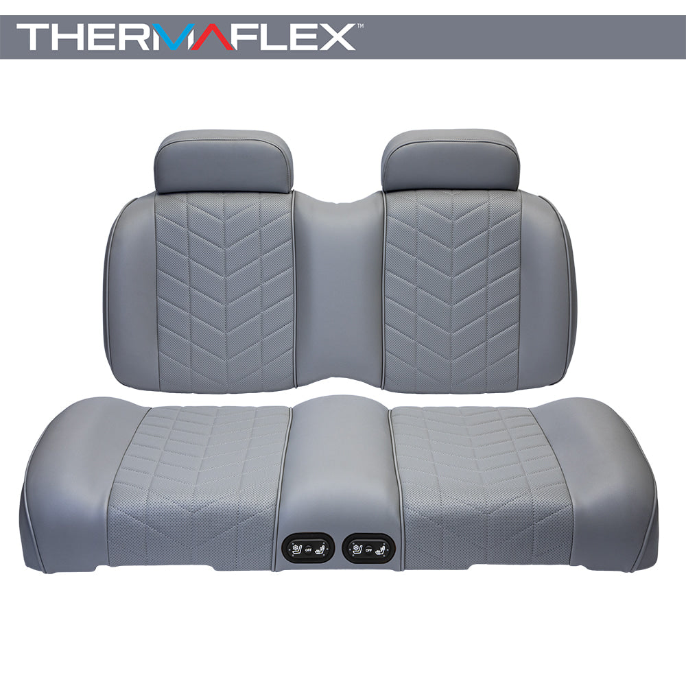 Madjax Aviator Thermaflex golf cart front seat cushion assembly in graphite gray color finish, featuring heated and cooled technology, designed for 2022 and newer ICON i20, i40, and select other models, gas and electric, offered with free shipping, Item #10-653.