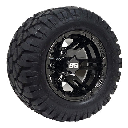 Angled view of a golf cart 10" wheel and tire assembly consisting of a 10" Bulldog wheel and 18x90-10 Stinger all terrain DOT golf cart tire which will fit all golf carts without a lift kit needed.