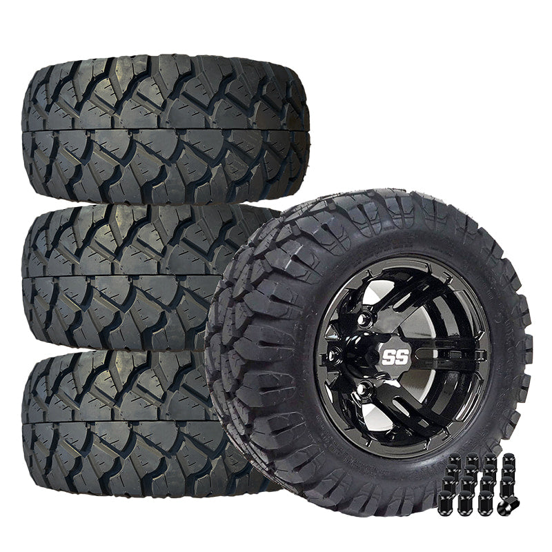 Set of 4 10" Bulldog gloss black golf cart wheels mounted with 18" tall Stinger DOT all-terrain golf cart tires for sale near Hutchinson, KS 67501 - includes lug nuts.