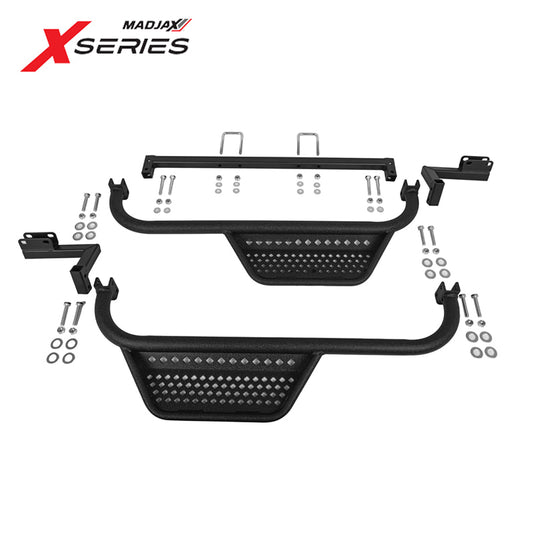 Set of driver side and passenger side textured matte black nerf bars designed for XSeries Storm model golf carts for sale by Salt City Golf Cart, part #14-026.