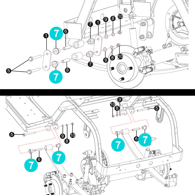 Expanded view diagram of the locations for the full set of 12 replacement leaf spring bushings on the MadJax XSeries line of golf carts.