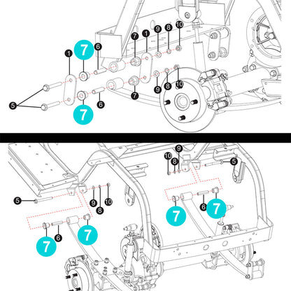 Expanded view diagram of the locations for the full set of 12 replacement leaf spring bushings on the MadJax XSeries line of golf carts.