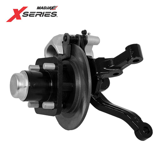 Complete left front driver side OEM spindle assembly kit replacement for MadJax 2023-2025 XSeries Storm golf carts, including brake caliper, pads, and hub, offered with free shipping, Item #28-024.