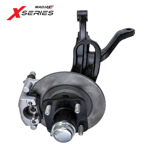 Complete left front driver side OEM spindle assembly kit replacement for lifted MadJax 2024 and Newer Gen2 XSeries Storm golf carts, including brake caliper, pads, and hub, offered with free shipping, Item #28-437.