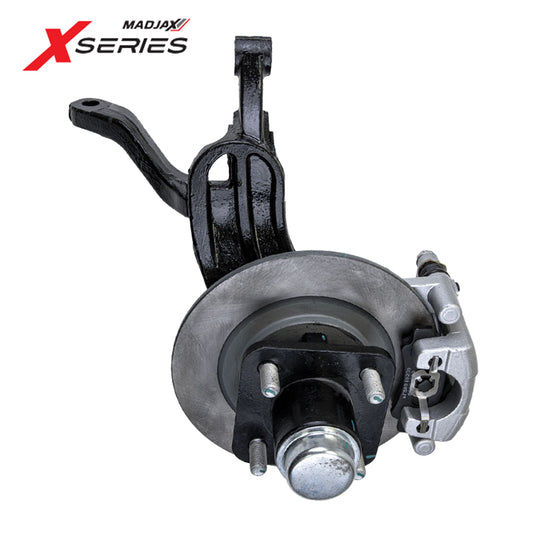 Complete right front passenger side OEM spindle assembly kit replacement for lifted MadJax 2024 and Newer XSeries Storm Gen2 golf carts, including brake caliper, pads, and hub, offered with free shipping, Item #28-438.