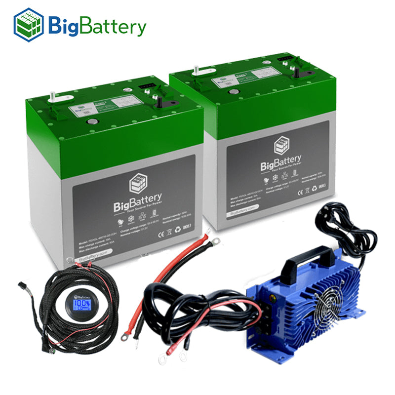 BigBattery Eagle2 golf cart and industrial cart 48-volt lithium battery conversion kit, entry level 64 amp hour capacity, complete with lithium charger, state of charge SOC gauge, and 12-year warranty, offered with free shipping, no hidden costs, Item #0978.