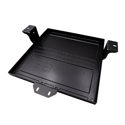 Metal mounting tray bracket designed for EZ-GO RXV model golf carts, years 2008 and newer that utilize a metal factory tray design, to mount Eco Battery lithium ion golf cart batteries, Item #A-8102.