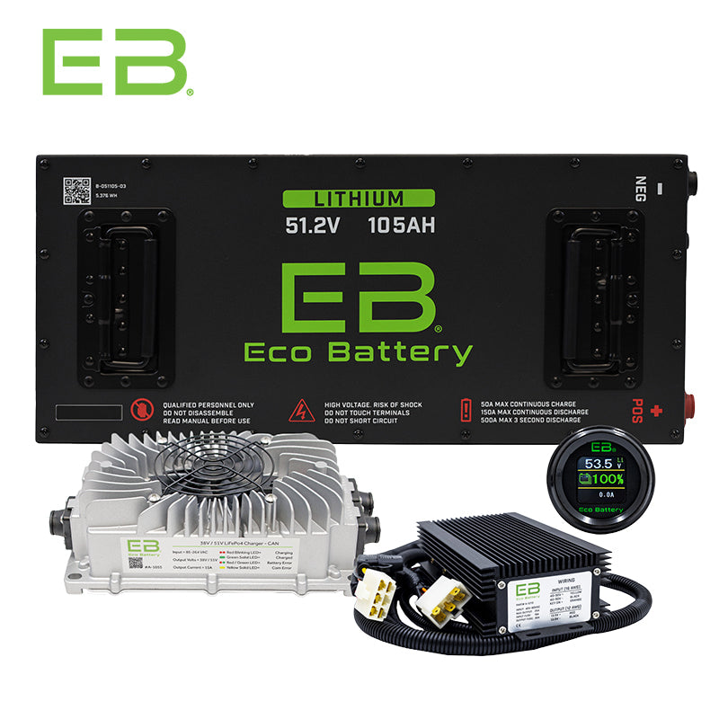 2008 and Newer model year E-Z-GO RXV ECO Battery lithium golf cart battery conversion kit/bundle with 105ah, 48volt battery, "skinny" profile for metal battery trays, lithium charger, state of charge meter, charge port, and voltage reducer, offered with free shipping, Item #B-3221.