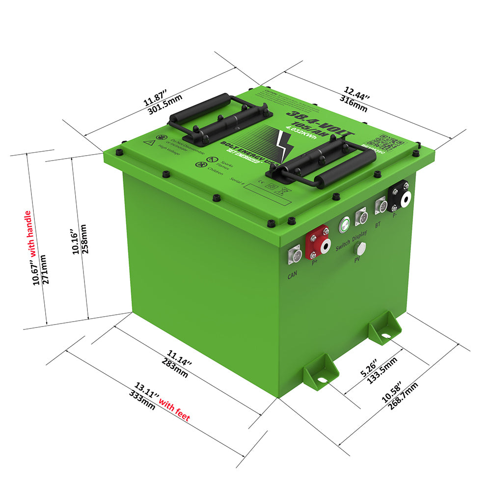 Complete dimensions on the "classic" cube version 36v 105ah lithium battery BE10538M designed for stock configuration golf carts and LSVs by Bolt Energy.