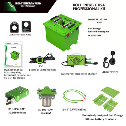 Complete Bolt Energy 36v 105ah lithium golf cart battery professional conversion kit showing all the components included, such as owners manual, decorative plates, state of charge meter, waterproof high speed charger, voltage reducer, high performance solenoid, and mounting brackets with hardware, sold by Salt City Golf Cart in Hutchinson, Kansas.