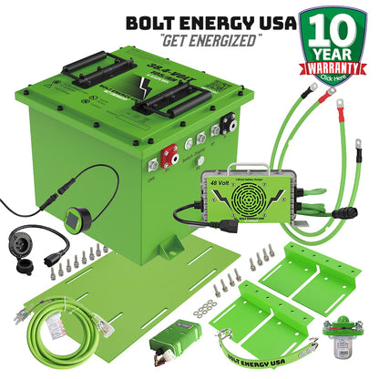 Classic Club Car, EZGO, and Yamaha professional 36 volt lithium battery conversion bundle by Bolt Energy, 105-amp hour "classic" cube form factor LiFePO4 kit, includes charger, brackets, solenoid, and voltage reducer, offered with free shipping, Item #BE10538M-Pro-K.