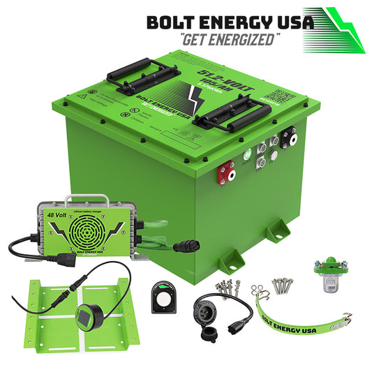 Club Car, EZGO, and Yamaha professional lithium battery conversion bundle by Bolt Energy, 48-volt 105-amp hour "mini" square form factor LiFePO4 kit, includes charger, brackets, solenoid, and voltage reducer, offered with free shipping, Item #BE10551M-Pro-K.