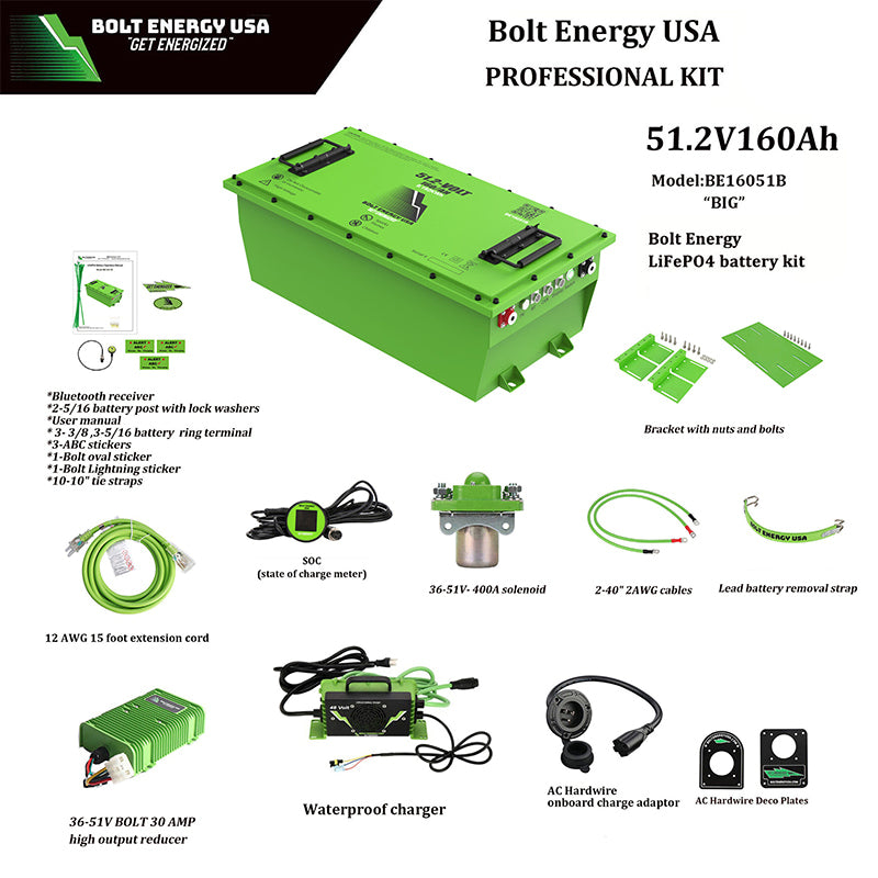 Complete high capacity 160 amp hour 48 volt lithium golf cart thin battery conversion kit - be16051b-pro-k - showing all the components included, such as owners manual, decorative plates, state of charge meter, waterproof high speed charger, voltage reducer, high performance solenoid, and mounting brackets with hardware.