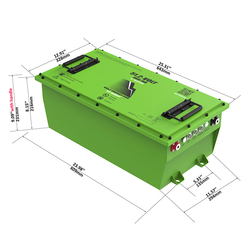 Physical dimensions and measurement of the 48V 160Ah Bolt Lithium golf cart battery pack, model BE16051B.