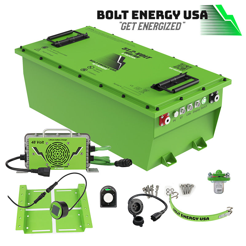 Complete high capacity 160 amp hour 48 volt lithium golf cart big battery professional conversion kit - be16051b-pro-k - including all mounting hardware, designed for EZ-GO, Club Car, and Yamaha model golf carts and LSVs, offered with free shipping by Salt City Golf Cart in Hutchinson, Kansas.