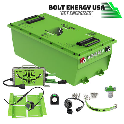 Complete high capacity 160 amp hour 48 volt lithium golf cart big battery professional conversion kit - be16051b-pro-k - including all mounting hardware, designed for EZ-GO, Club Car, and Yamaha model golf carts and LSVs, offered with free shipping by Salt City Golf Cart in Hutchinson, Kansas.