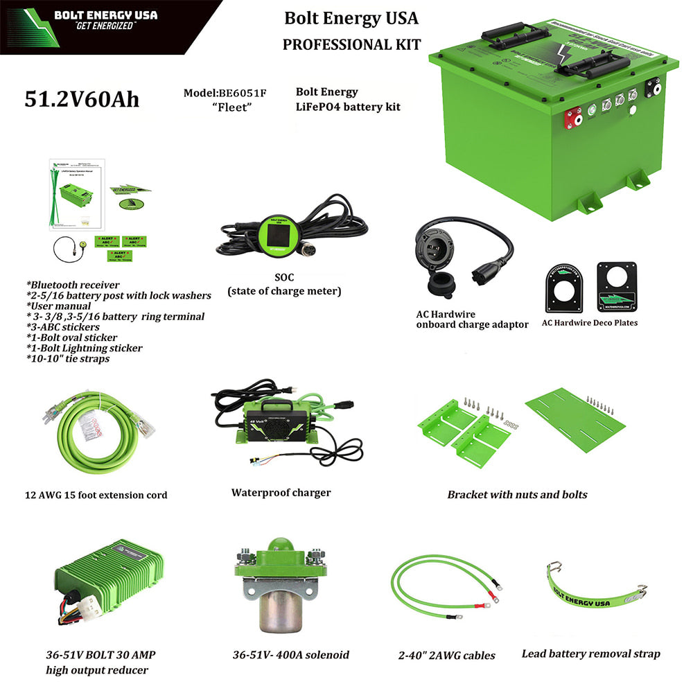 Complete Bolt Energy 48v 60ah lithium golf cart battery professional conversion kit showing all the components included, such as owners manual, decorative plates, state of charge meter, waterproof high speed charger, voltage reducer, high performance solenoid, and mounting brackets with hardware.