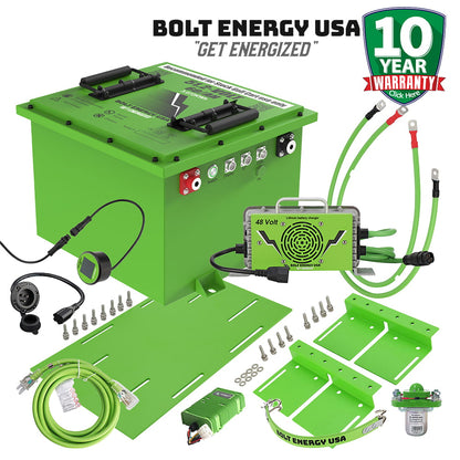 Affordable great value Club Car, EZGO, and Yamaha professional lithium battery conversion bundle by Bolt Energy, 48-volt 60-amp hour "fleet" square form factor LiFePO4 kit, includes charger, brackets, solenoid, and voltage reducer, offered with free shipping, Item #BE6051F-Pro-K.