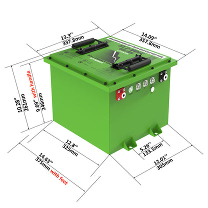 Complete dimensions on the "fleet" version 48v 60ah lithium battery cube format designed for stock configuration golf carts and LSVs by Bolt Energy.