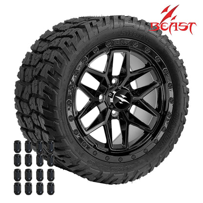 Set of 4 Beast golf cart wheel 14" Widow in Gloss Black painted finish and 22x10.5-14 SGC Gator all-terrain DOT approved hybrid tires, 22" overall height, includes lug nuts and free shipping, part #s WH1430-TR1401.