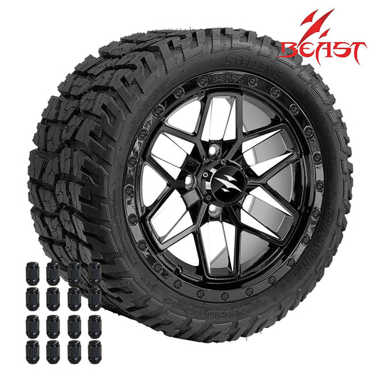 Set of 4 Beast golf cart wheel 14" Widow in White / Black painted finish and 22x10.5-14 SGC Gator all-terrain DOT approved hybrid tires, 22" overall height, includes lug nuts and free shipping, part #s WH1431-TR1401.