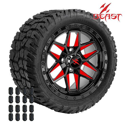 Set of 4 Beast golf cart wheel 14" Widow in Red / Black painted finish and 22x10.5-14 SGC Gator all-terrain DOT approved hybrid tires, 22" overall height, includes lug nuts and free shipping, part #s WH1433-TR1401.