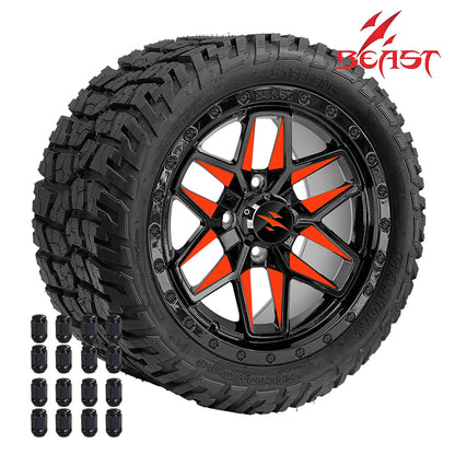 Set of 4 Beast golf cart wheel 14" Widow in Orange / Black painted finish and 22x10.5-14 SGC Gator all-terrain DOT approved hybrid tires, 22" overall height, includes lug nuts and free shipping, part #s WH1434-TR1401.