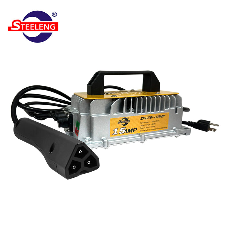 EZGO 48-volt replacement smart charger for lead acid batteries, including triangle 3-pin 48-volt 15-amp connector, Item #CHEZ01, offered with free shipping by Salt City Golf Cart.