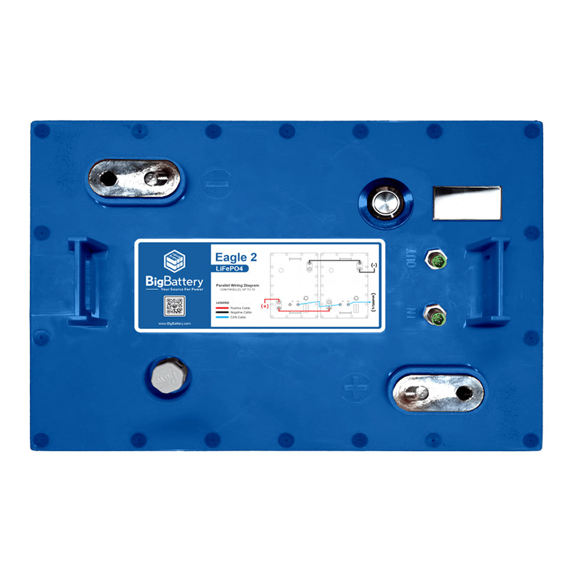 Top view of the LiFePO4 lithium scissor lift 24volt 64 AH amp hour BigBattery Eagle2 battery, showing CanBus cable connectors, on/off switch, and diagram of proper parallel wiring connections, Item #FEAGL-24016-G2-OCH.