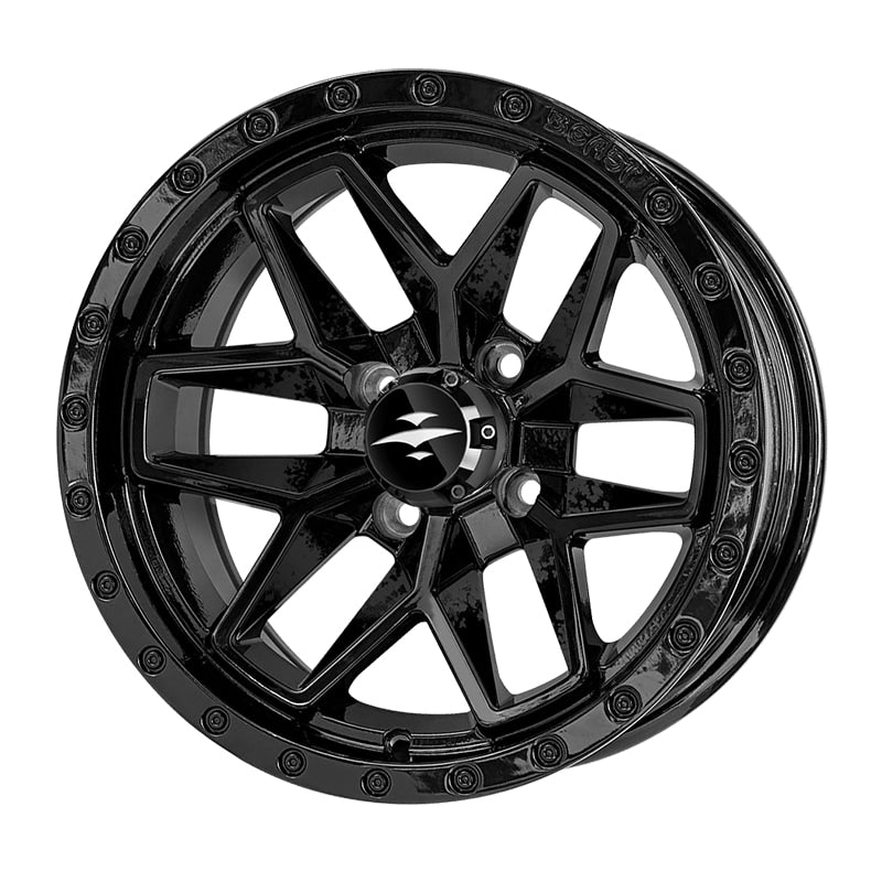 Angled view of the Beast Widow 14" golf cart wheel only, featuring gloss black painted and clear coated spoke accents, sold with free shipping, Item #WH1430.