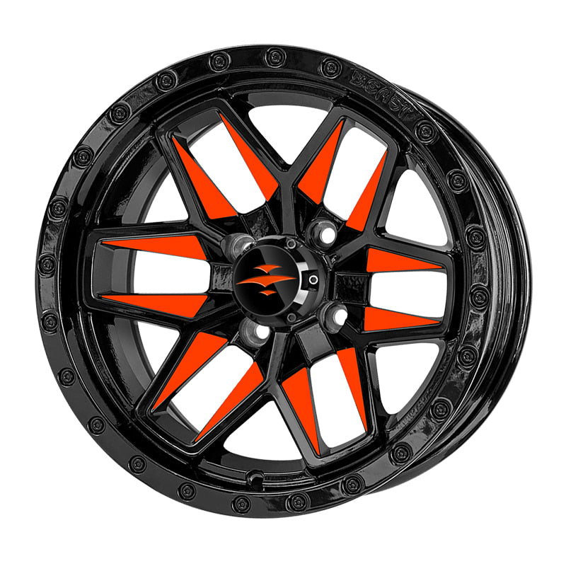 Angled view of the Beast Widow 14" golf cart wheel only, featuring bright orange painted and clear coated spoke accents, sold with free shipping, Item #WH1434.