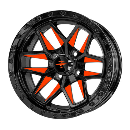 Angled view of the Beast Widow 14" golf cart wheel only, featuring bright orange painted and clear coated spoke accents, sold with free shipping, Item #WH1434.