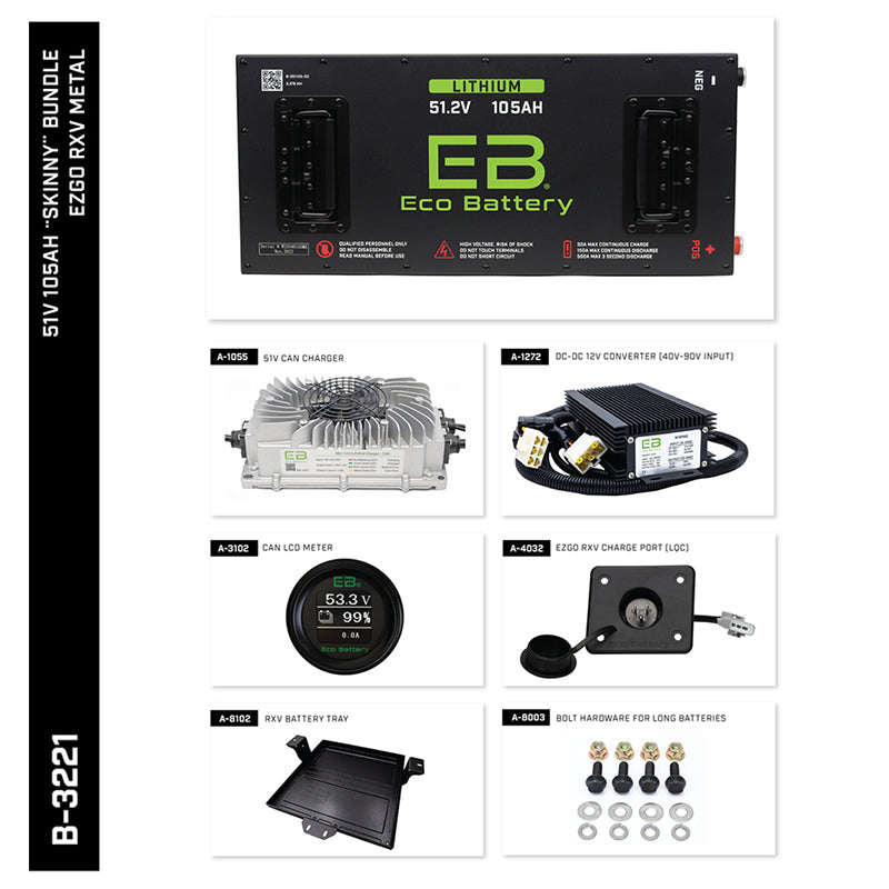 All components included in the EZ-GO RXV ECO Battery lithium conversion kit designed for 2008 and newer model year electric carts with metal battery tray, sold by Salt City Golf Cart in Hutchinson, Kansas, with free shipping, including charger, dc-dc voltage reducer, state of charge gauge, RXV battery tray and hardware.