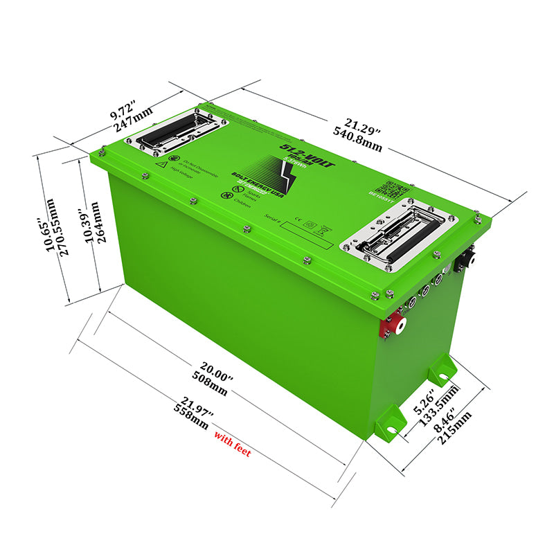 Complete dimensions on the "thin" version 48v 105ah lithium battery designed for golf carts and LSVs by Bolt Energy.