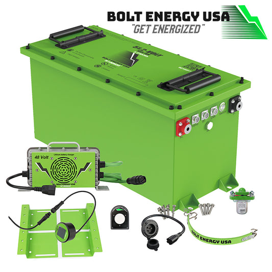 Photo of 48v (51.2 volt) 105ah "thin" style golf cart lithium battery professional kit by Bolt Energy, with 10 year warranty, sold by Salt City Golf Cart in South Hutchinson, Kansas, Item #BE10551T-Pro-K.