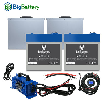 BigBattery Eagle2 Scissor lift, platform lift, 24volt lithium battery conversion kit, complete with lithium charger, state of charge SOC gauge, counterweight replacements, and 12-year warranty, offered with free shipping, no hidden costs.