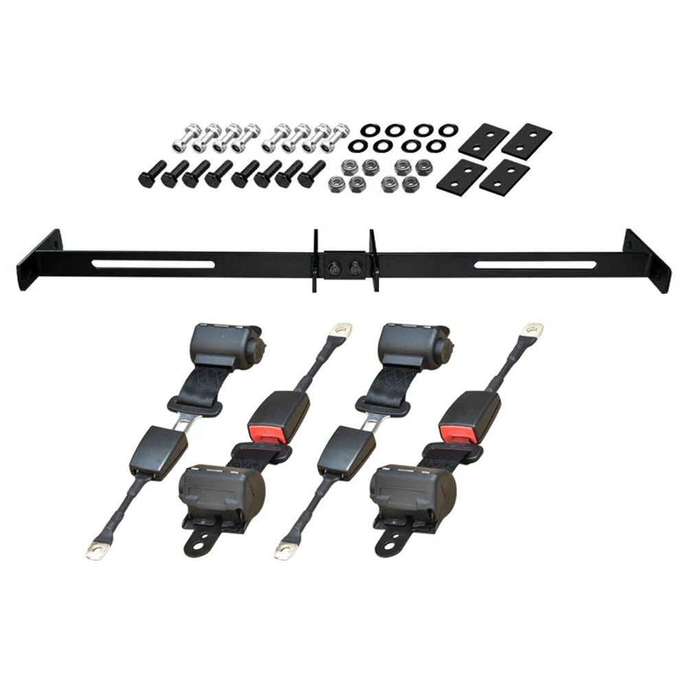 Main product image of the economy 4-person golf cart seat belt kit with universal mounting bracket and hardware, including 42" long seat belts, offered with free shipping from Salt City Golf Cart.