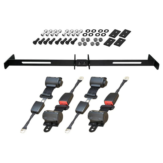 Main product image of the economy 4-person golf cart seat belt kit with universal mounting bracket and hardware, including 42" long seat belts, offered with free shipping from Salt City Golf Cart.