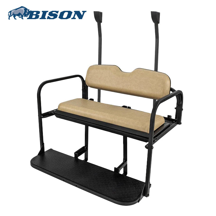 Rear golf cart flip folding seat designed for Club Car Precedent, Tempo, and Onward models, gas or electric, with buff color cushions.