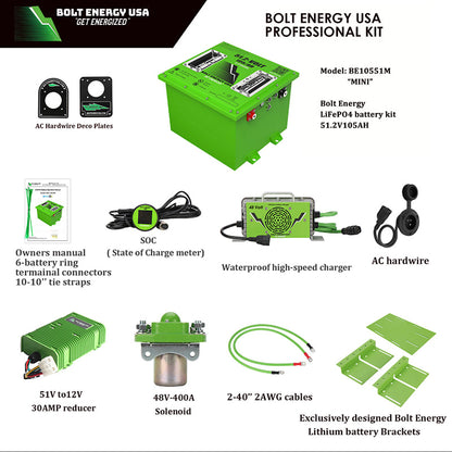 Complete lithium golf cart battery conversion kit showing all the components included, such as owners manual, decorative plates, state of charge meter, waterproof high speed charger, voltage reducer, high performance solenoid, and mounting brackets with hardware.