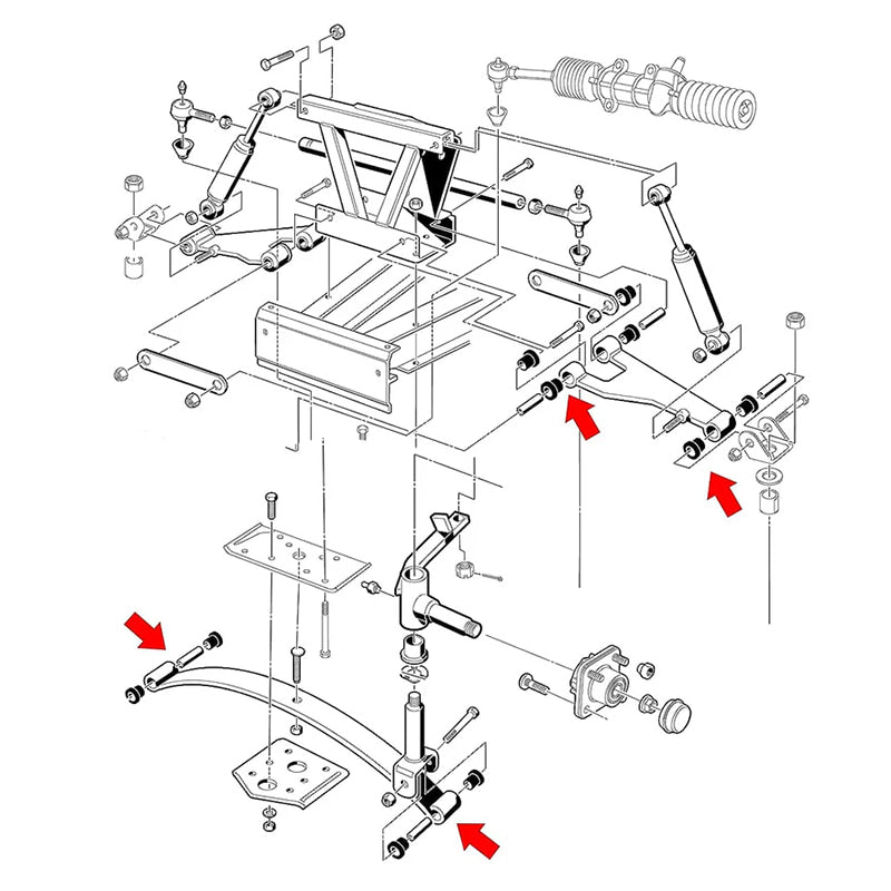 Expanded view of the location for replacement front sleeves and bushings on Club Car DS model gas and electric golf carts.