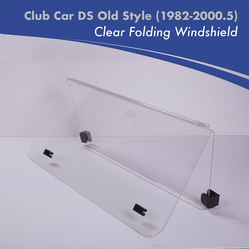 Folding clear acrylic golf cart windshield designed for the old generation of Club Car DS models, gas or electric, model years 1982 through 2000.5.