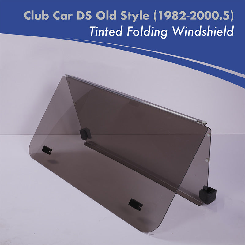 Folding tinted acrylic golf cart windshield designed for the old generation of Club Car DS models, gas or electric, model years 1982 through 2000.5.