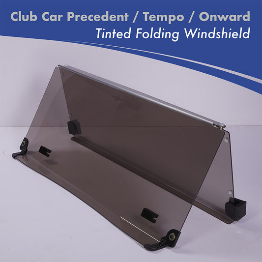 Economical high quality tinted folding acrylic windshield designed for the Club Car Precedent, Tempo, or Onward golf cart models with factory tops and supports.