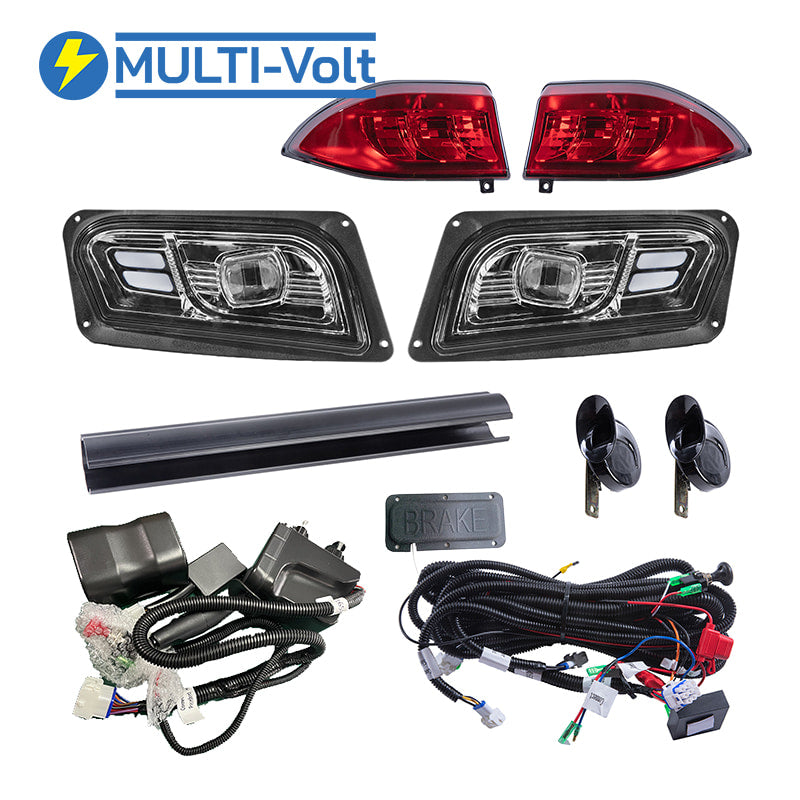 Multi-volt™ brand golf cart deluxe street legal LED hi/lo beam light kit designed for the Club Car Tempo model golf carts, featuring flex volt technology and horns, brakes, turn signals, and brake lights, with free shipping from Salt City Golf Cart.