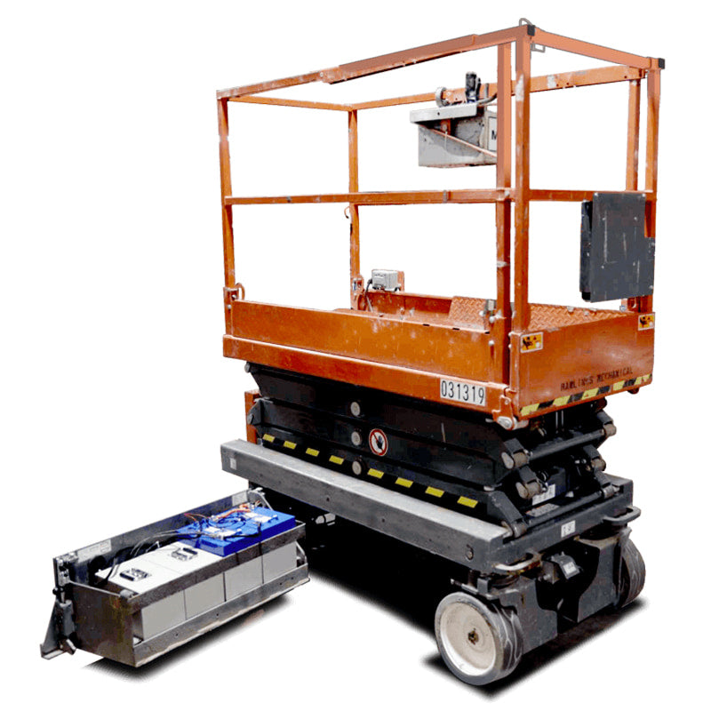 Example photo of a scissor lift with the complete Eagle2 lithium conversion kit installed in the swing-out battery tray, replacing the T-105 lead acid batteries the lift originally came with.